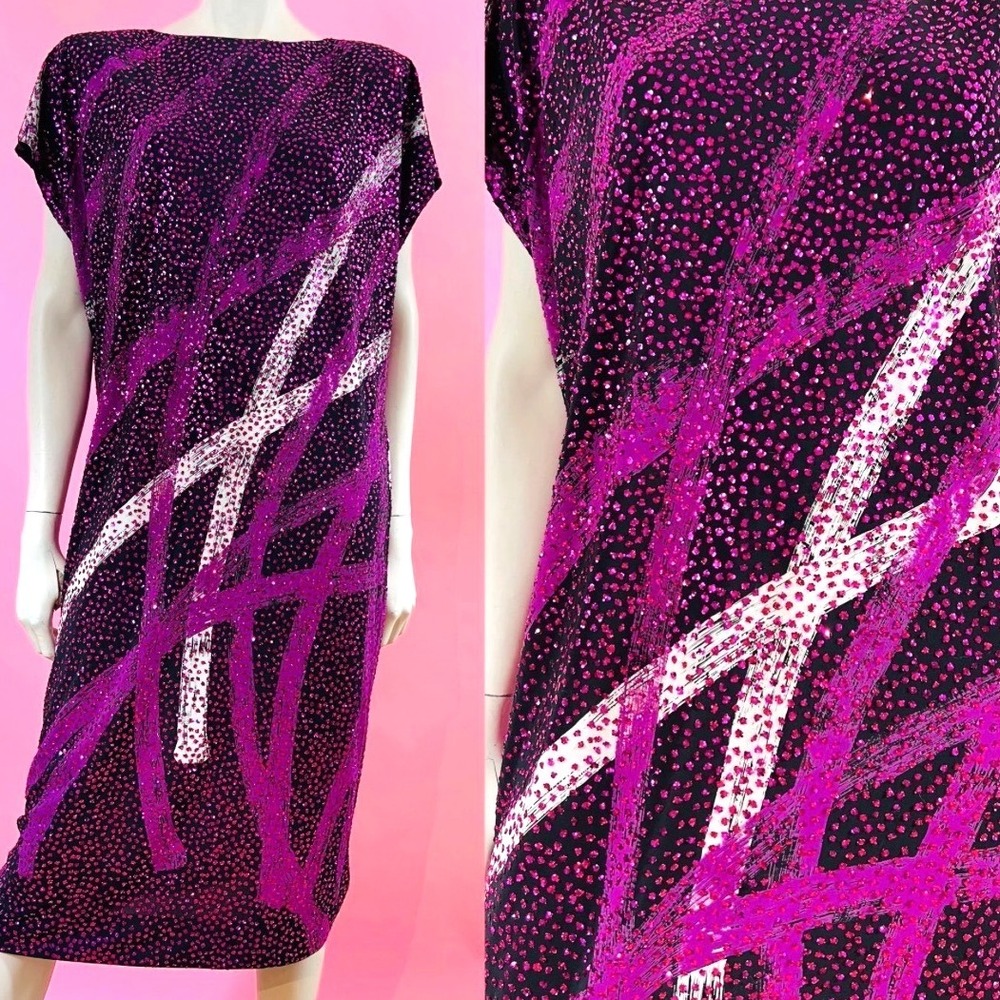 VTG Nuit for Saks 5th Ave Magenta Sequin Abstract Y2K Shift Dress Sz 8 USA Made